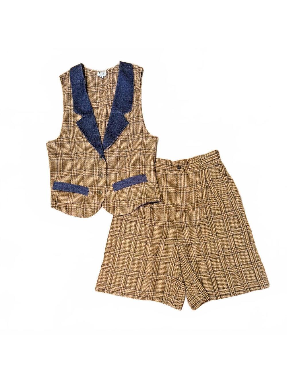 1990s Brown Plaid Vest Shorts Set Blue Suede Trim Dark Academia Equestrian Small